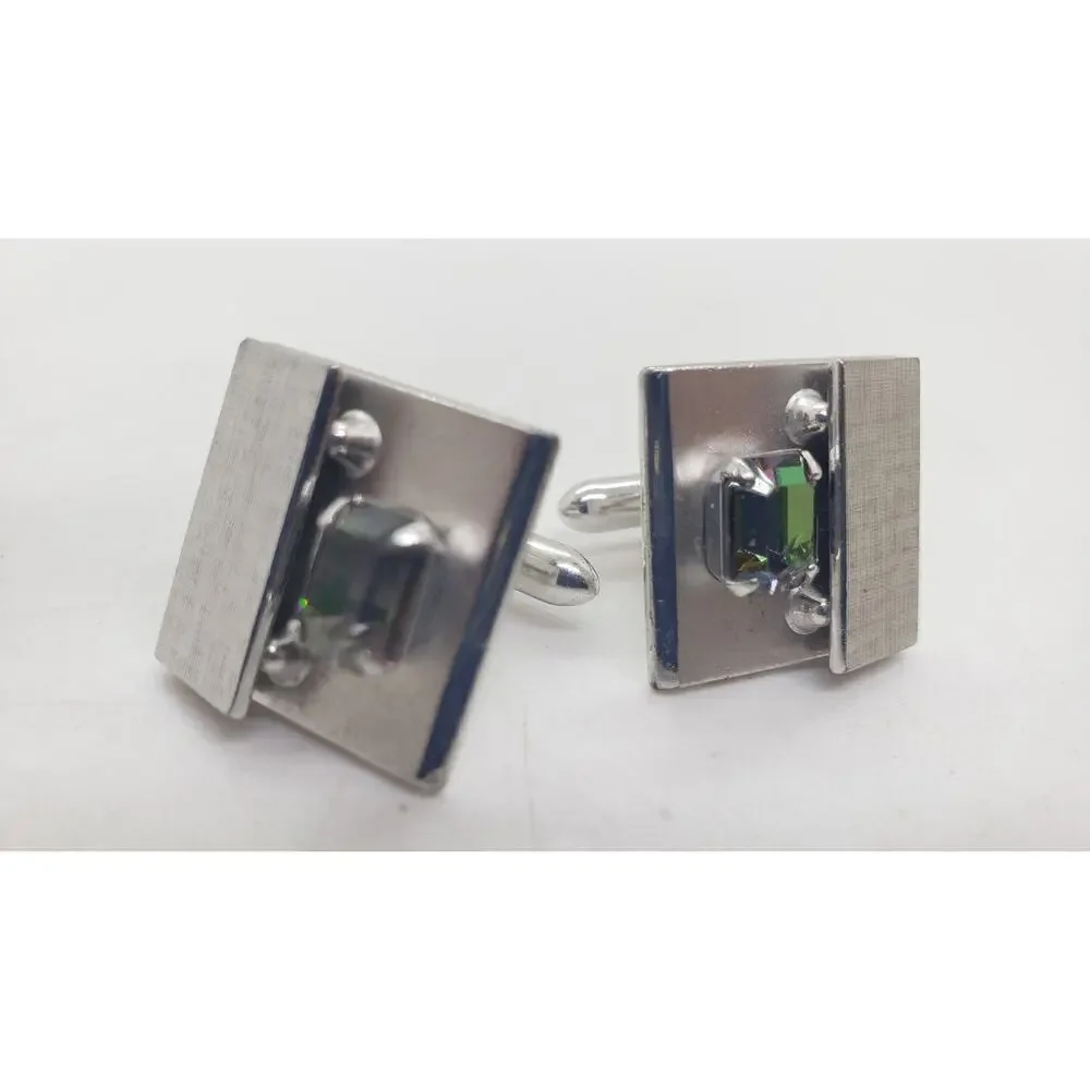 Vintage Cufflinks Swank Silver Rivoli Rainbow Rhinestone Cuff Links 1960s